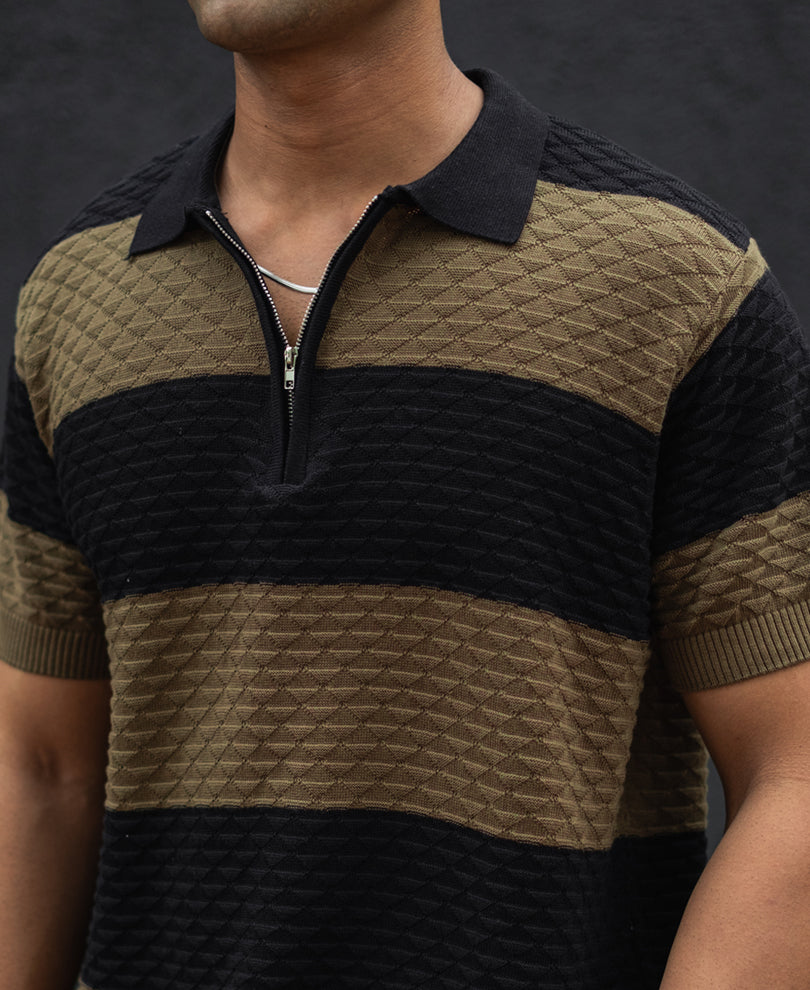 Olive Green and Black Structured Striped Regular Half Sleeves T Shirt