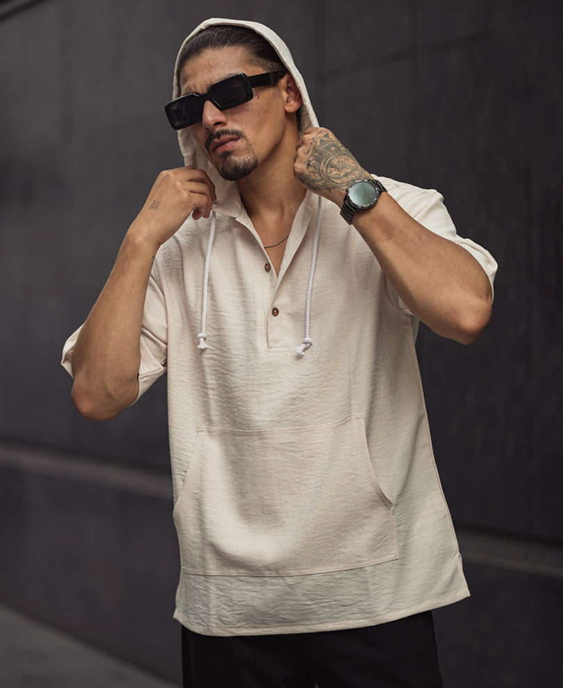 Beige Oversized Hooded Pocket Half Sleeves T-Shirt