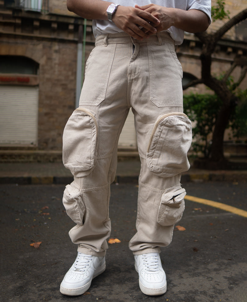 Off White Multi Pocket Baggy Fit Cargo Jeans