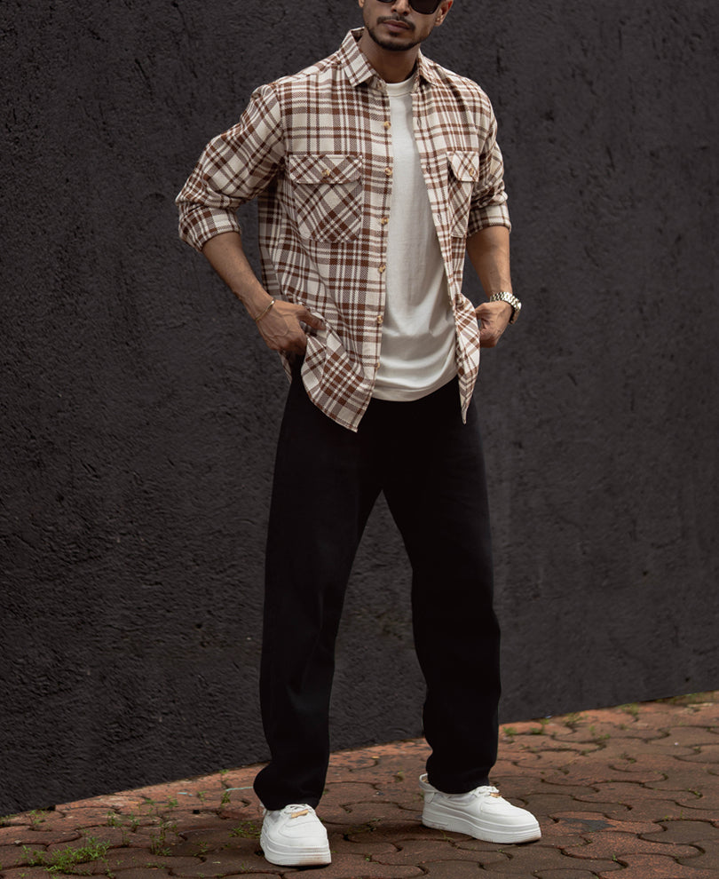 Off-White And Beige Checks Regular Fit Full Sleeves Shirt