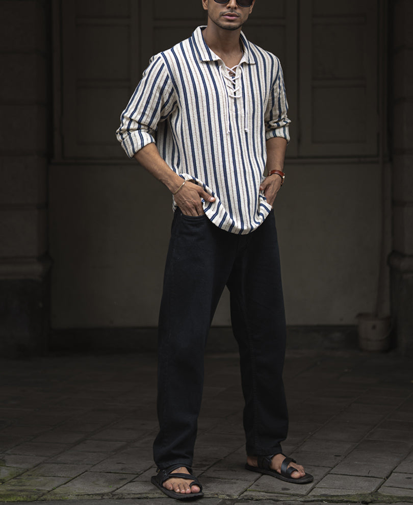 Beige And Navy Blue Striped Regular Fit Full Sleeves Kurta Style Shirt
