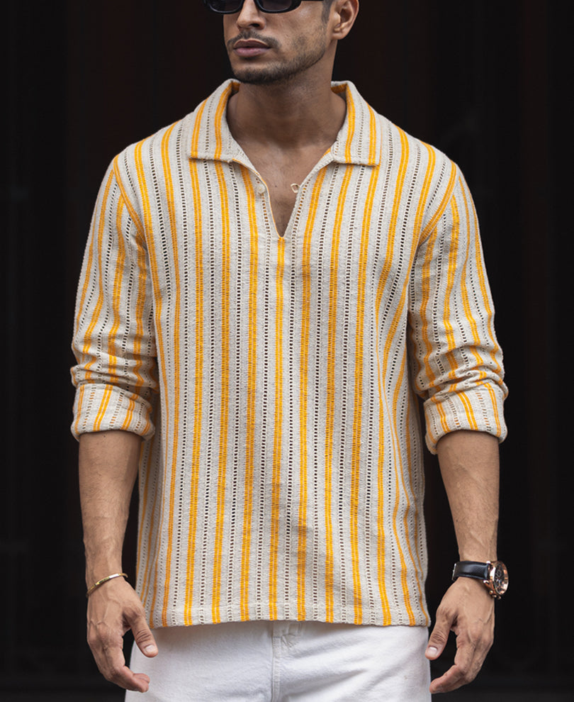 Yellow And Off White Regular Fit Full Sleeves Shirt