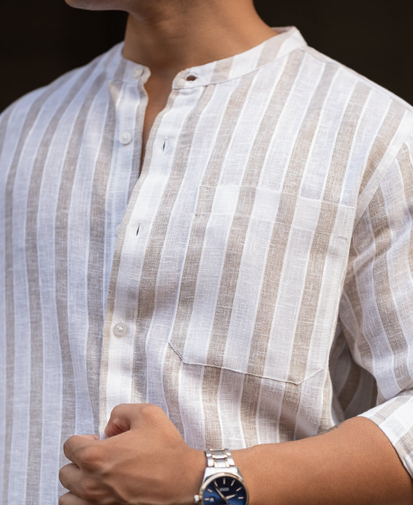 White And Beige Regular Fit Full Sleeves Shirt