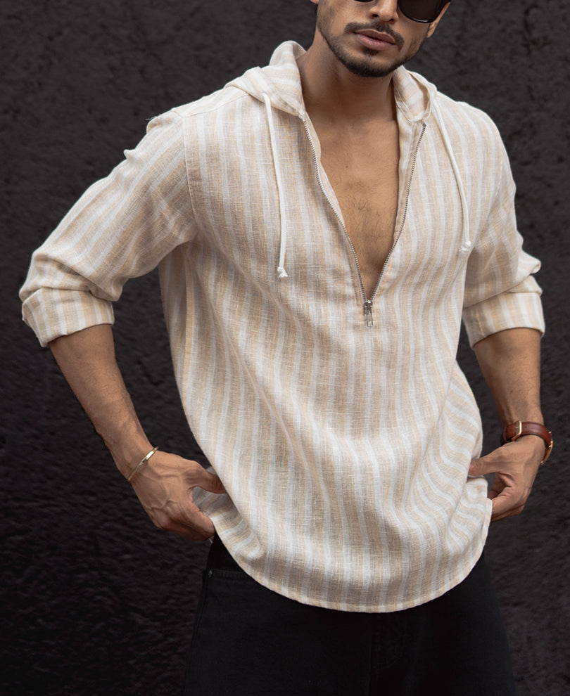 White And Beige Stripes Regular Fit Hoodie Style Shirt