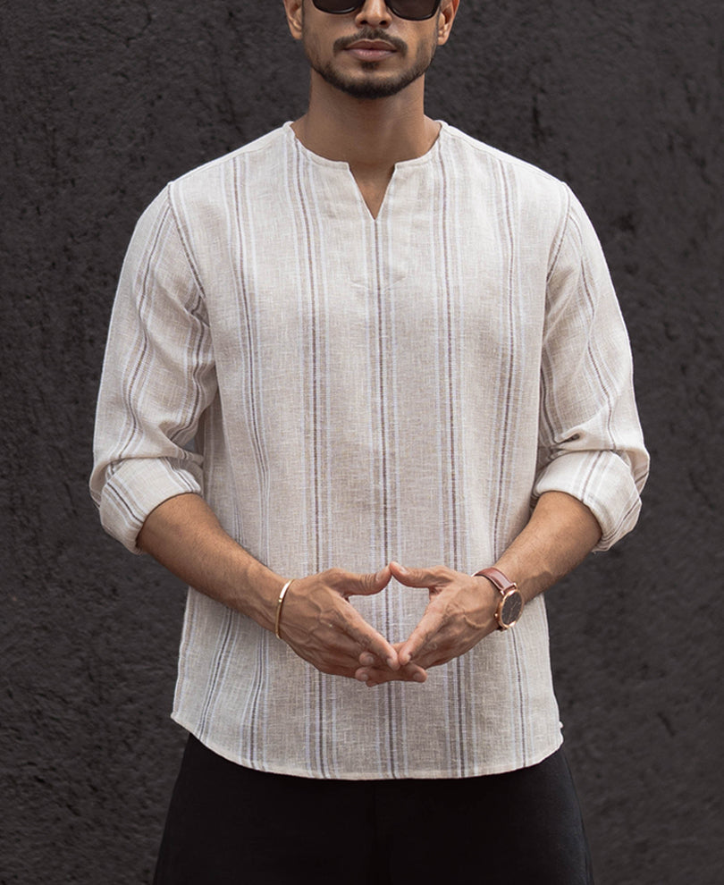 Beige Stripe Regular Fit Kurta Style Shirt
