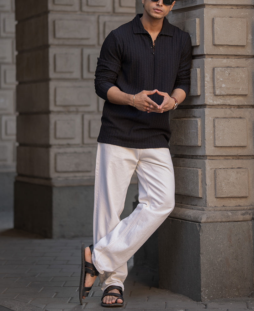 Black Self Stripe Polo T-Shirt