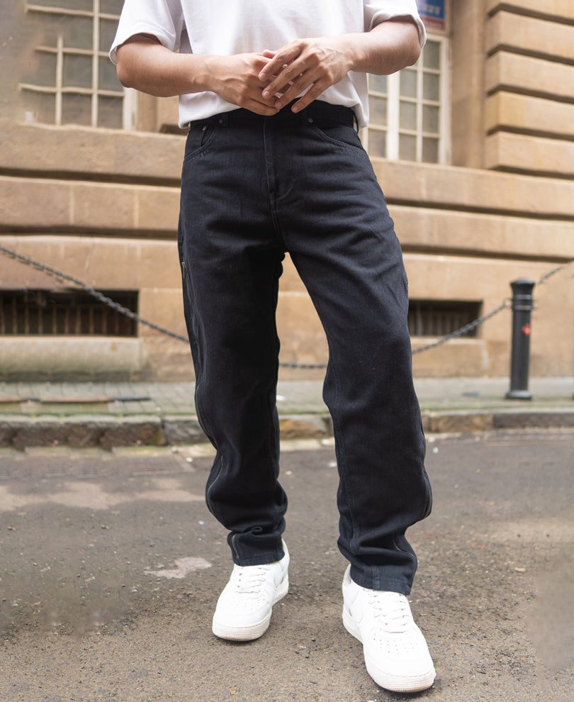 Carbon Black Baggy Fit Denim Jeans with Side Chains