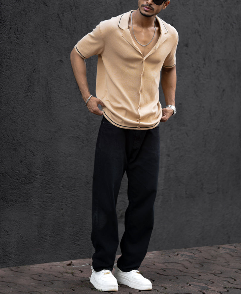 Beige Regular Fit Half Sleeves Shirt