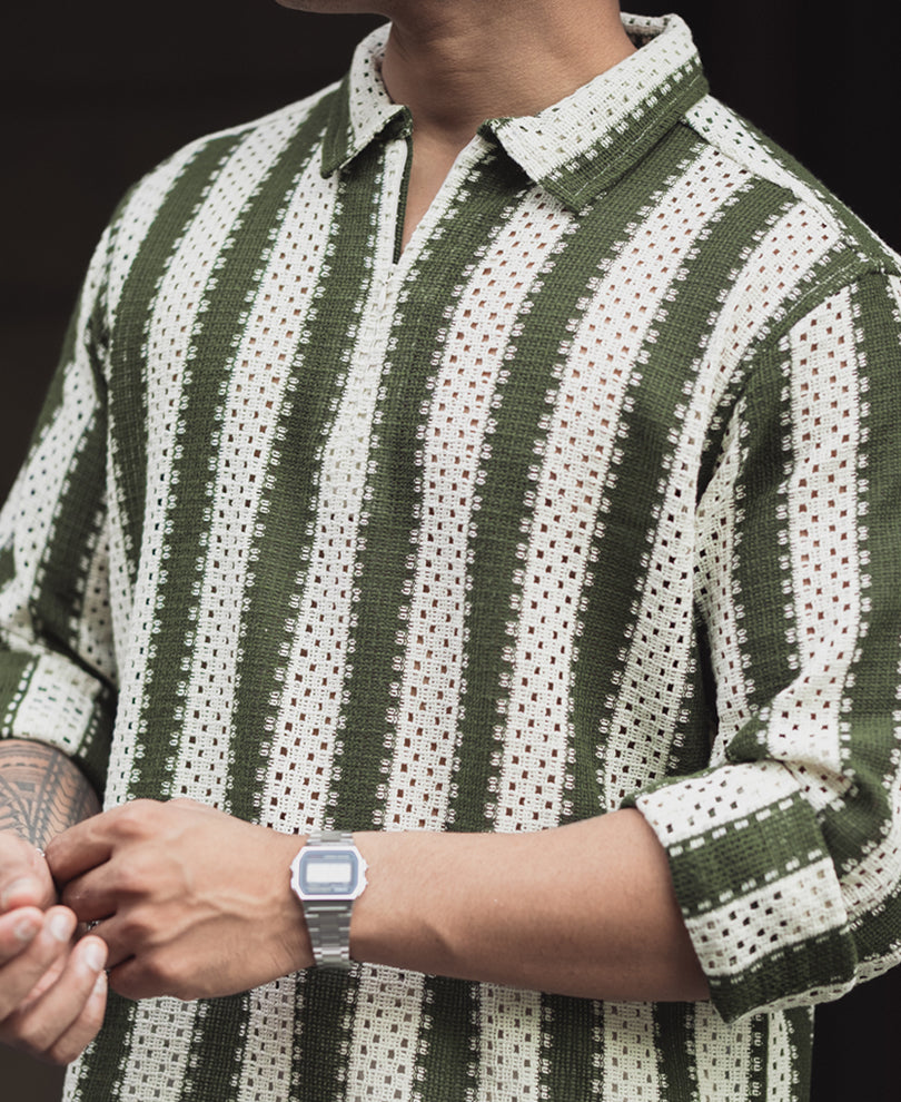 Forest Green & Off White Crochet Striped Regular Fit Full Sleeve Shirt