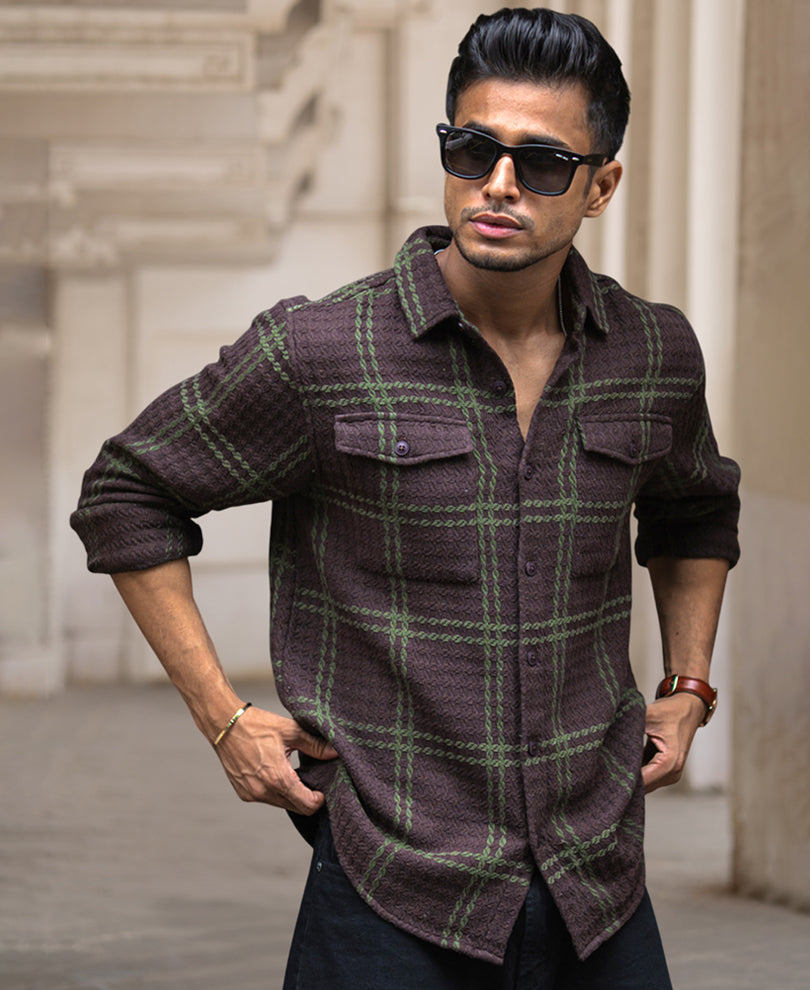 Brown Waffle Checks Regular Fit Full Sleeves Shirt