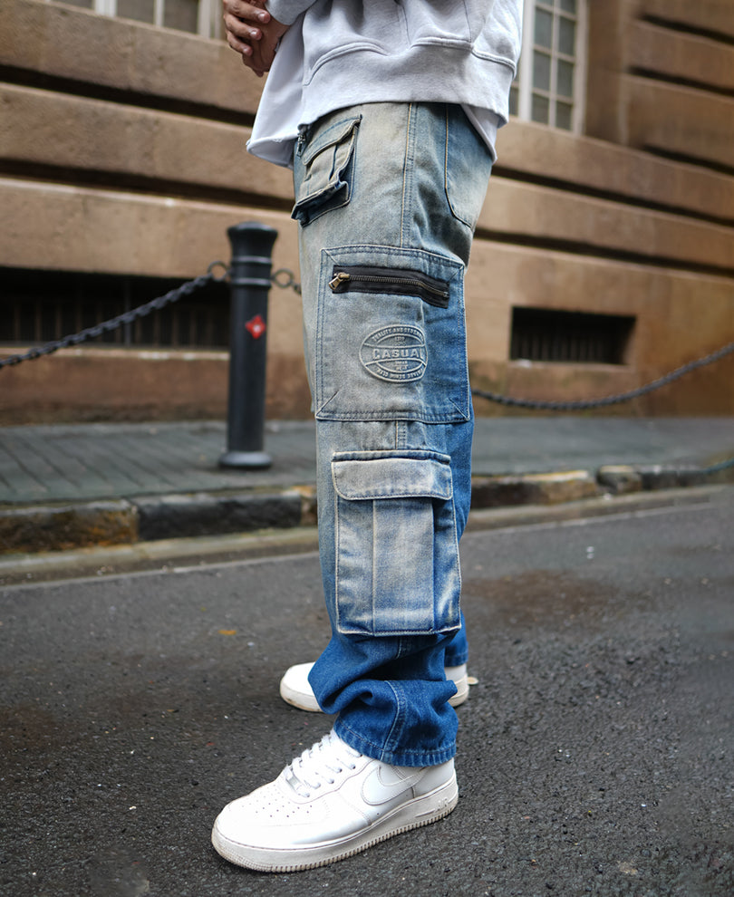 Blue Baggy Fit Cargo Denim Jeans