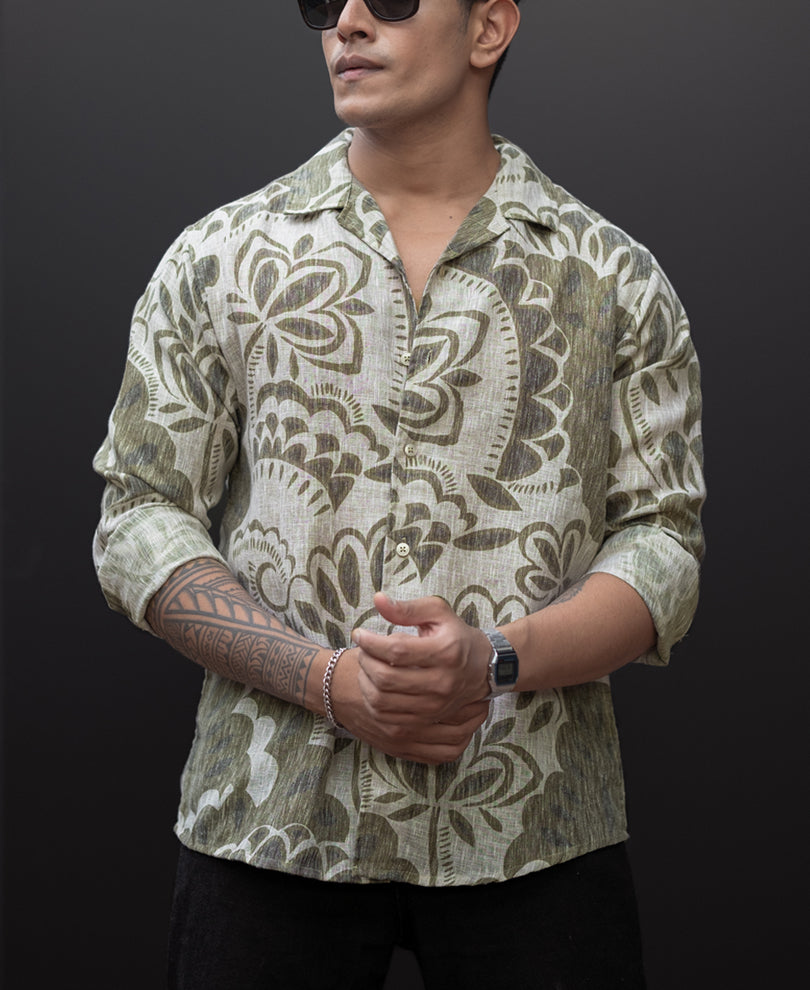 Olive Printed Regular Fit Full Sleeves Shirt