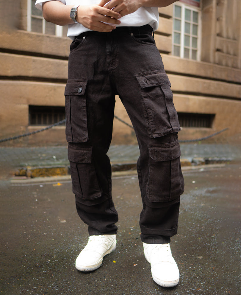 Dark Brown Baggy Fit Denim Jeans with Cargo Pockets