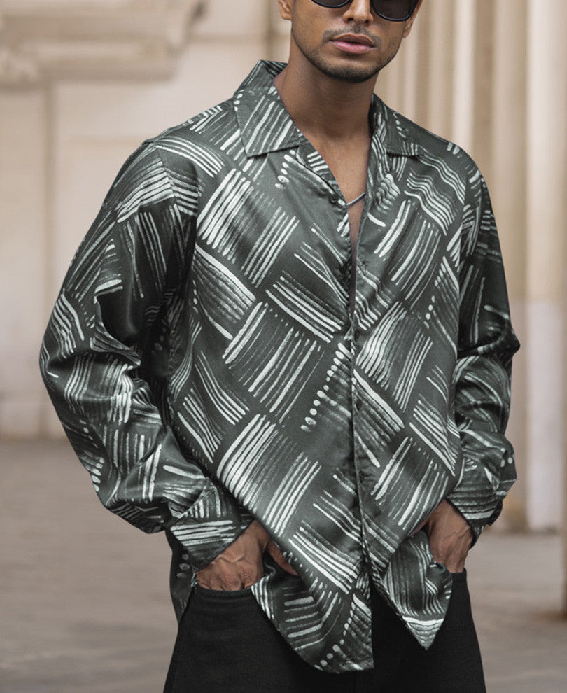 Dark Grey Printed Regular Fit Full Sleeve Cuban Collar Shirt