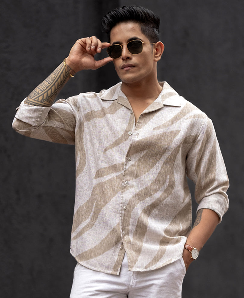 Beige Flame Design Regular Fit Full Sleeves Shirt