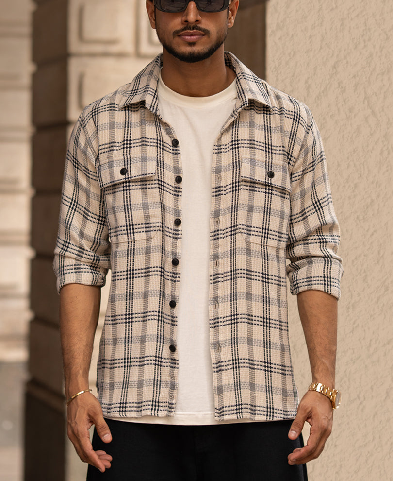 Off-White Checked Full Sleeves Regular Fit Shirt