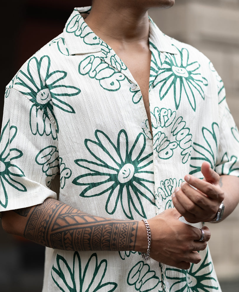 Green Printed Oversized Half Sleeve Cuban Collar Shirt