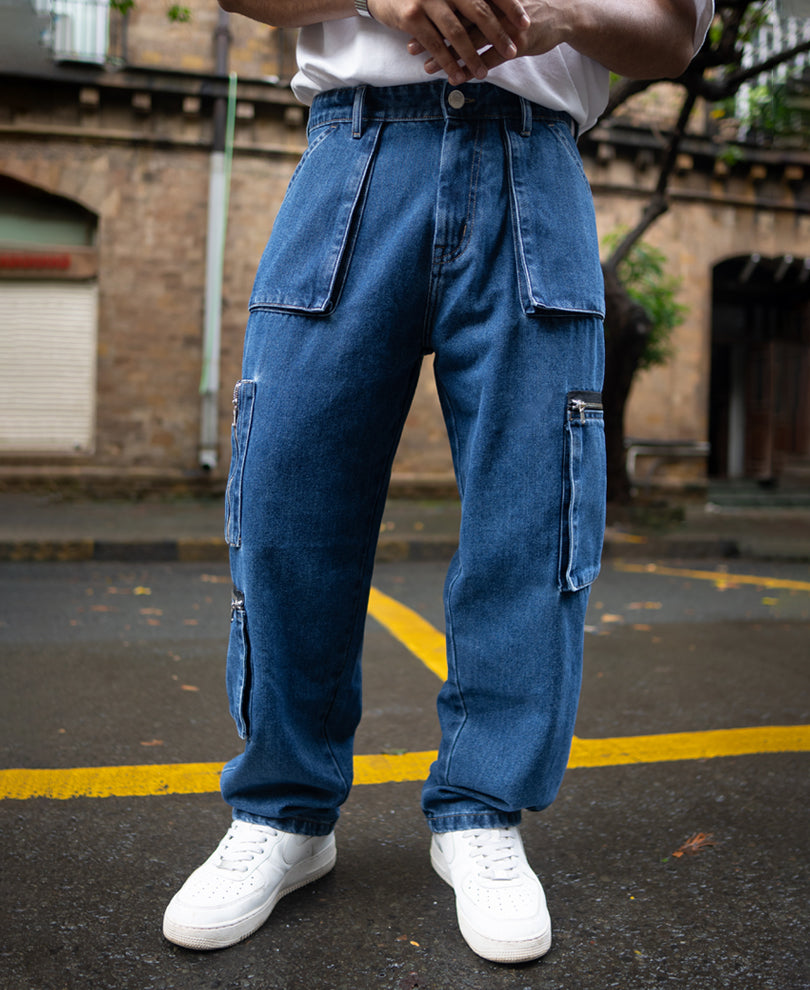 Dark Blue Solid Baggy Fit Cargo Denim Jeans
