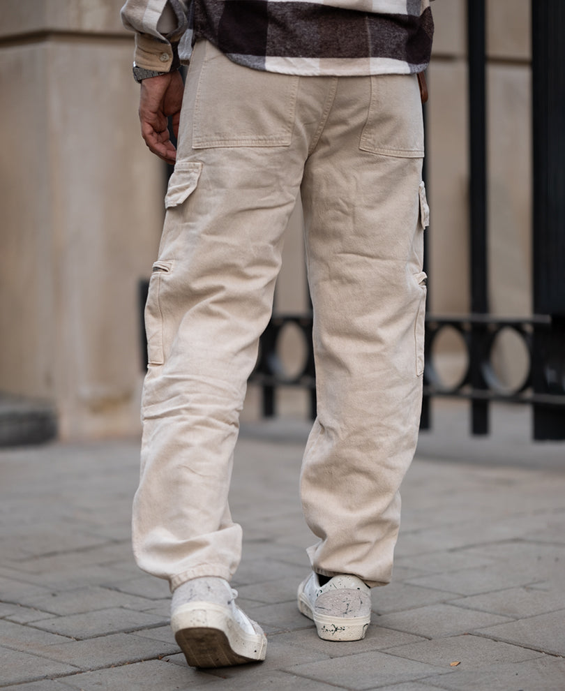 Beige Baggy Fit Denim Cargo with Pockets
