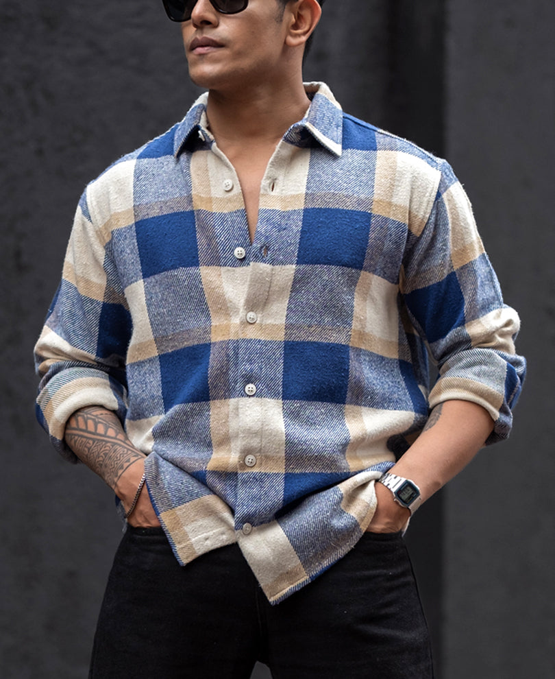 Blue And Off White Checked Regular Fit Full Sleeves Shirt