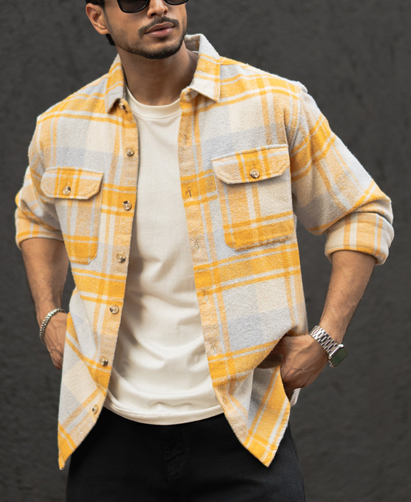 Mustard And Off-White Checks Regular Fit Full Sleeves Shirt