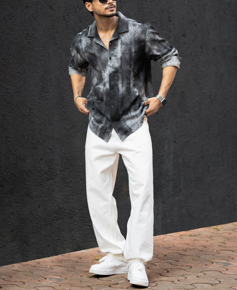 Black Tie Dye Print Regular Fit Full Sleeves Shirt