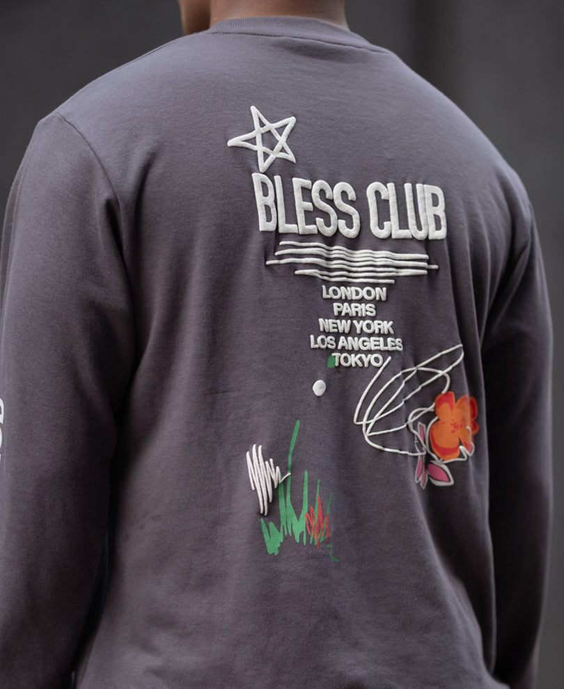 Grey Bless Club Print Oversized Full Sleeves T-Shirt