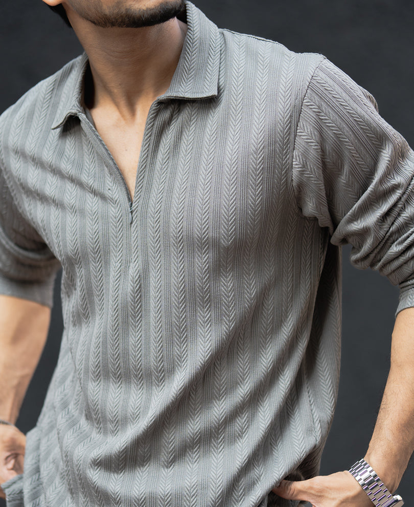 Grey Structured Regular Fit Full Sleeves T-Shirt