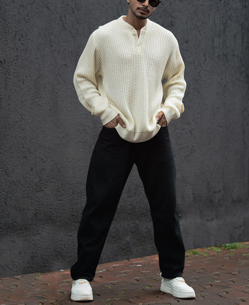 Off White Regular Fit Full Sleeves T-Shirt