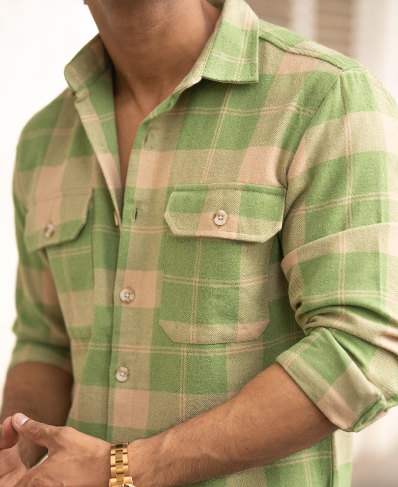 Green Checked Regular Fit Full Sleeves Shirt