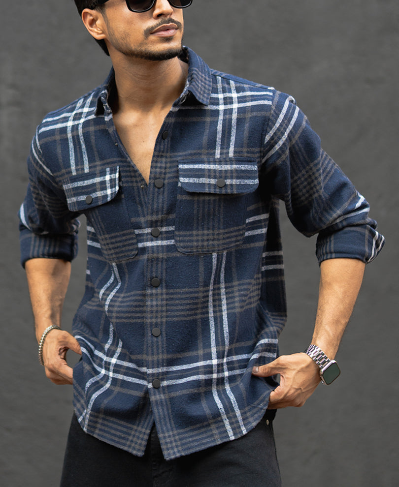 Navy Checked Regular Fit Full Sleeves Shirt With Double Pocket