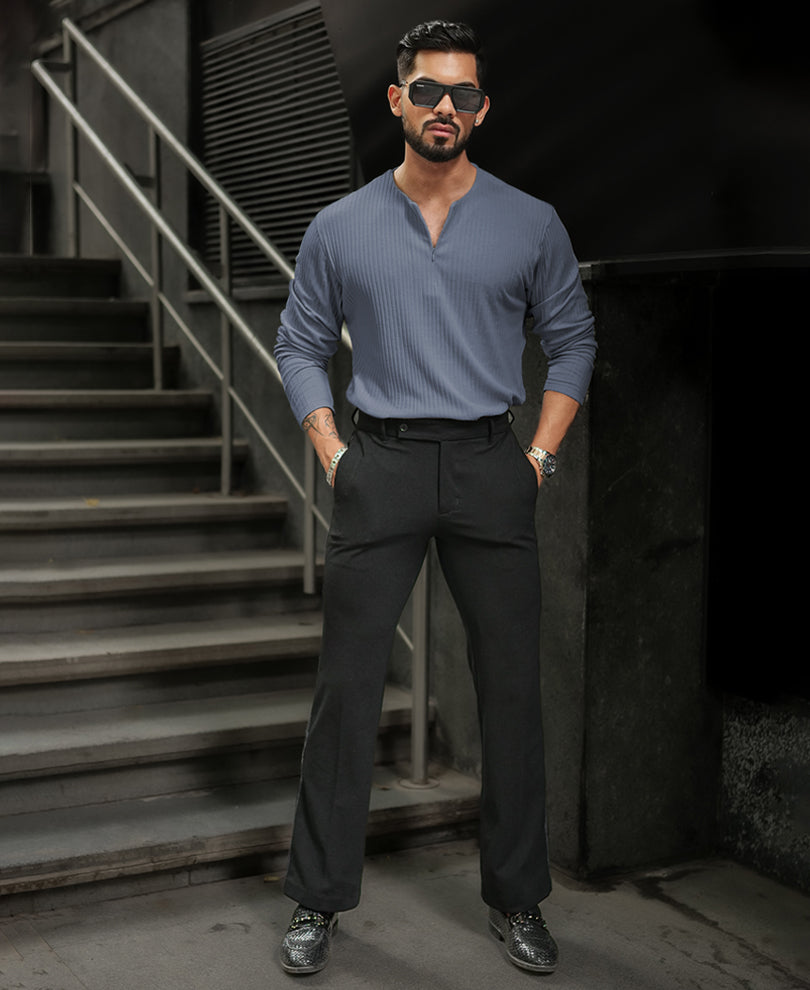 Grey Structured Full Sleeves Regular Fit T-Shirt