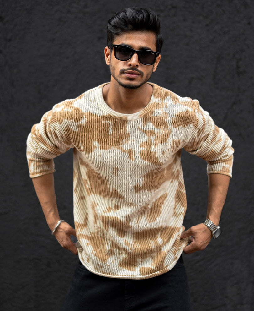 Beige Knits Regular Fit Full Sleeves T-Shirt
