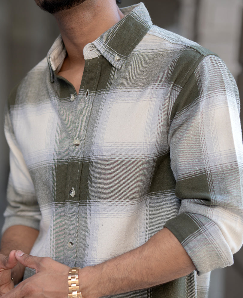 Olive And Off-White Regular Fit Full Sleeves Shirt