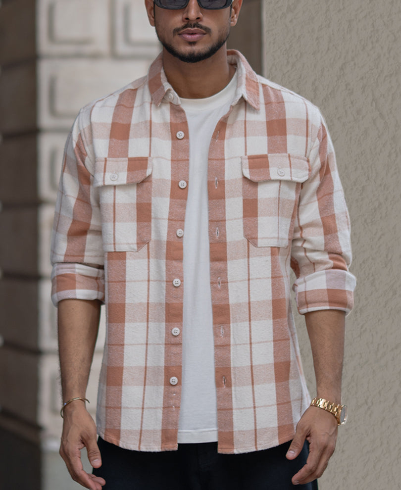 Off-White And Brown Checks Regular Fit Full Sleeves Shirt