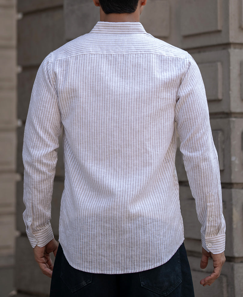 Beige Striped Regular Fit Full Sleeves Shirt