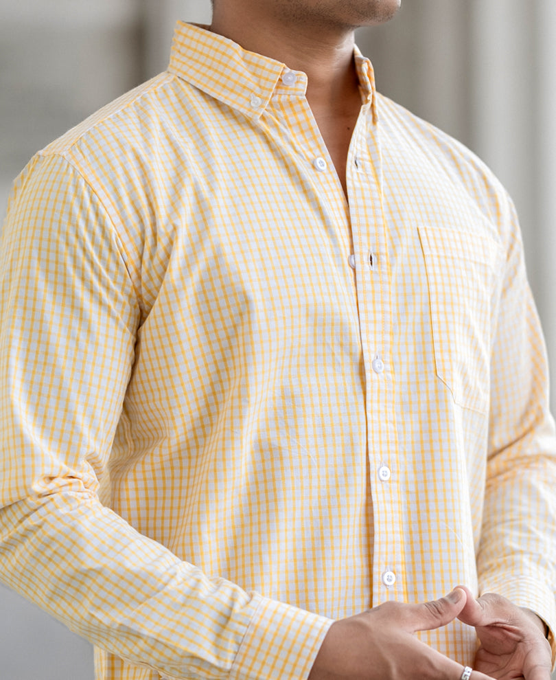 Yellow Small Checked Regular Fit Full Sleeves Shirt