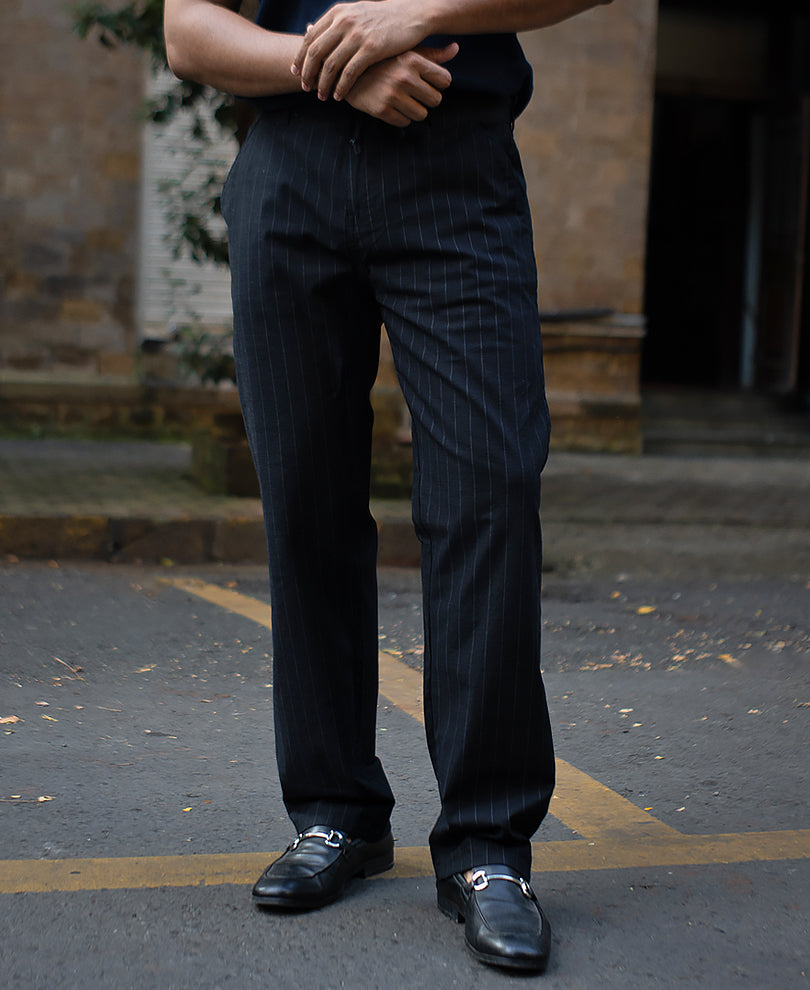 Black Stripe Regular Fit Cotton Pants