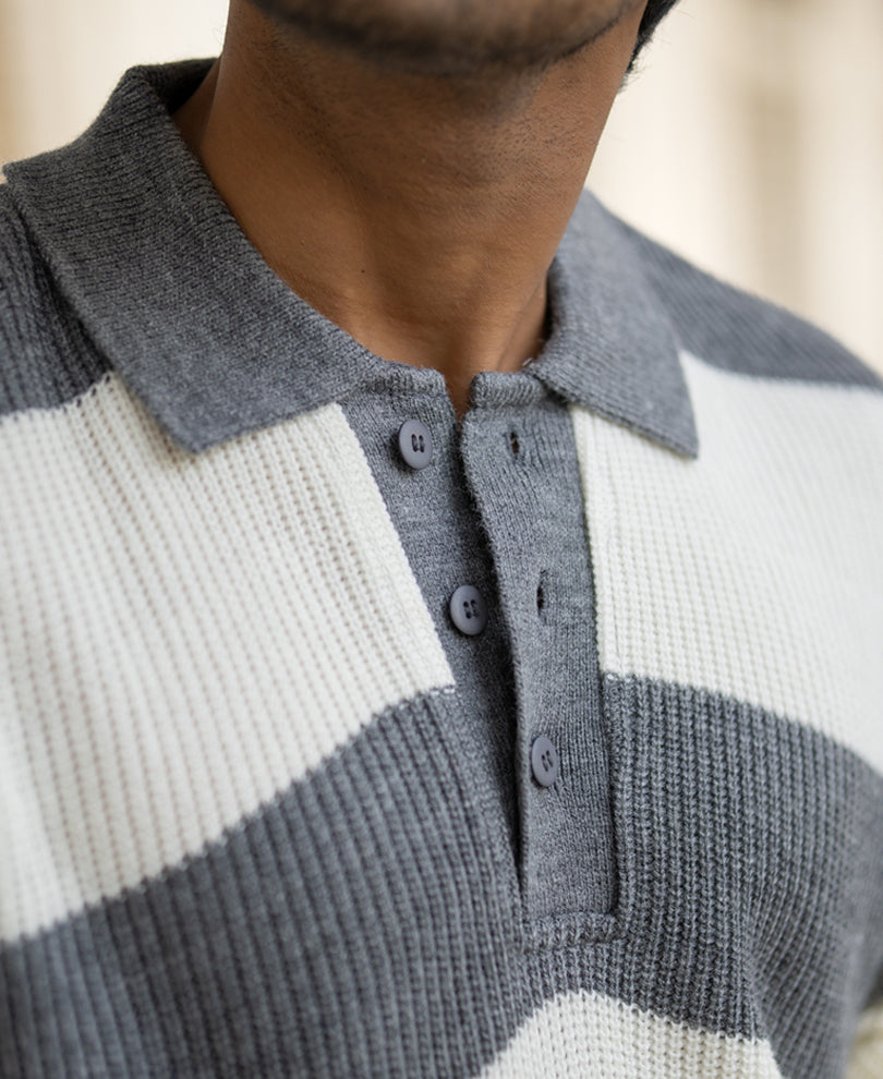 Grey Striped Regular Fit Full Sleeves Flat Knit T-Shirt