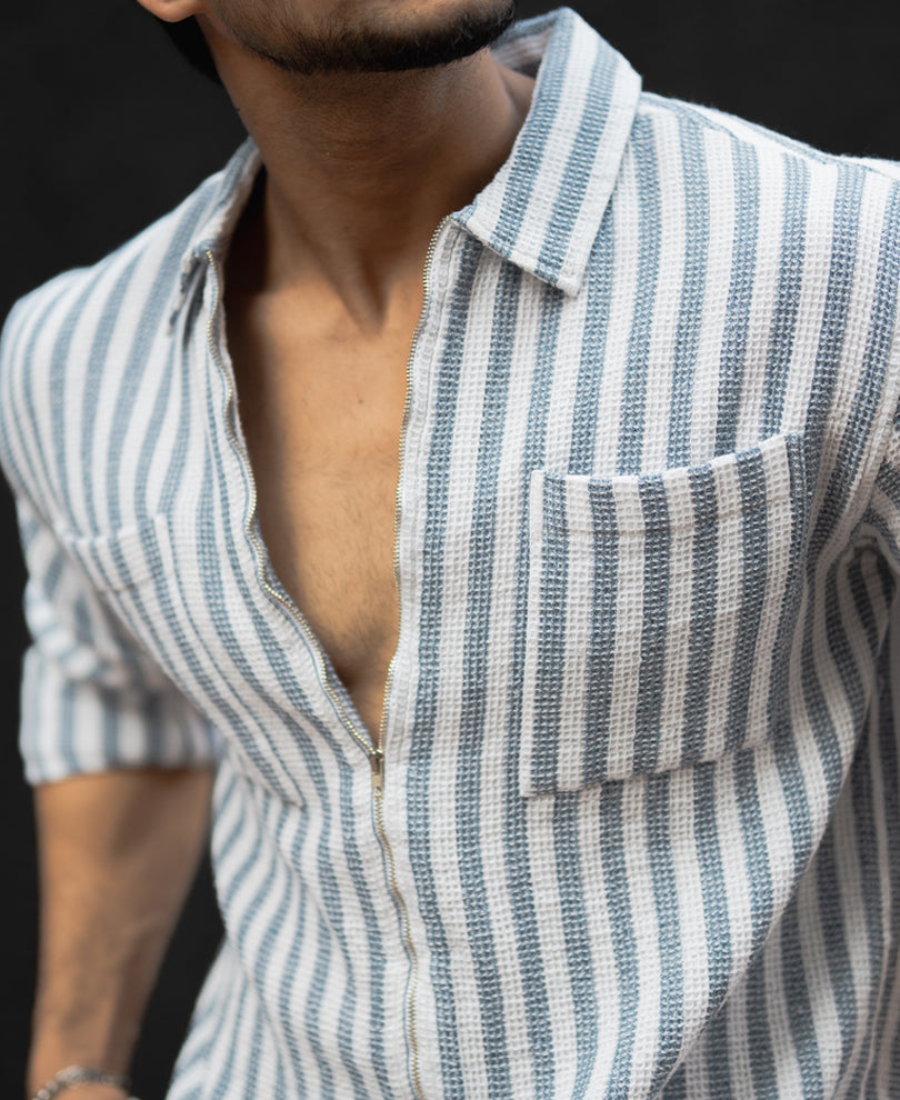 Blue And White Stripes Regular Fit Full Sleeves Shirt With Zip