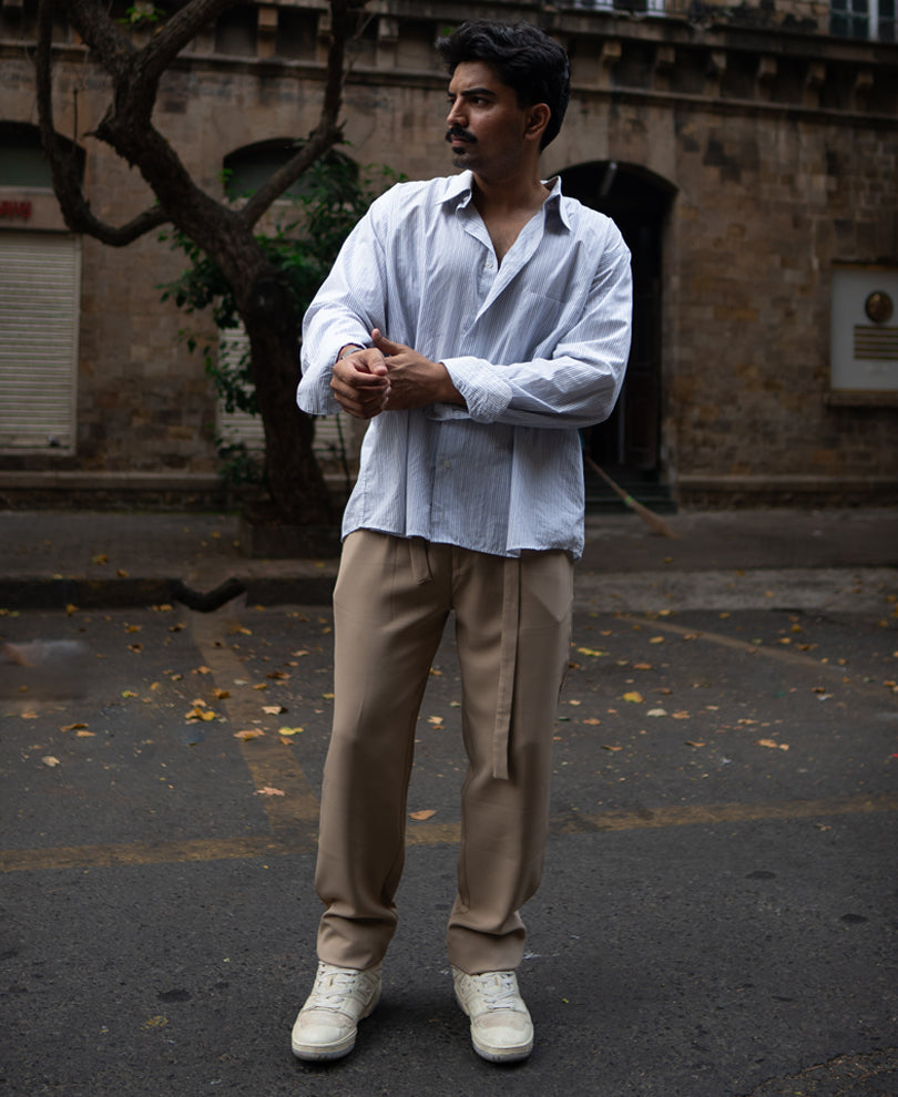 Beige Pleated Trousers With Belt