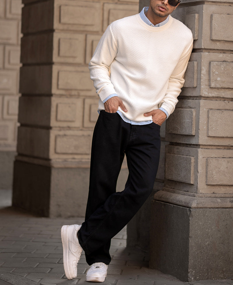 White Structured Full Sleeves Regular Fit T-Shirt