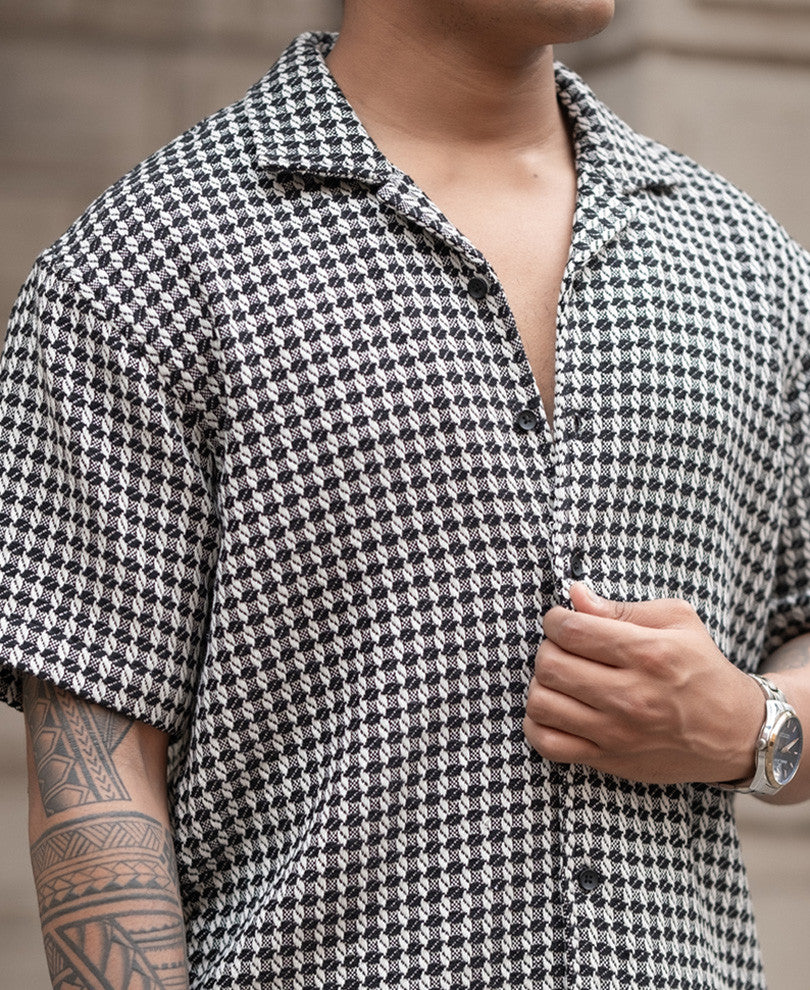Black And White Structured Regular Fit Half Sleeves Shirt