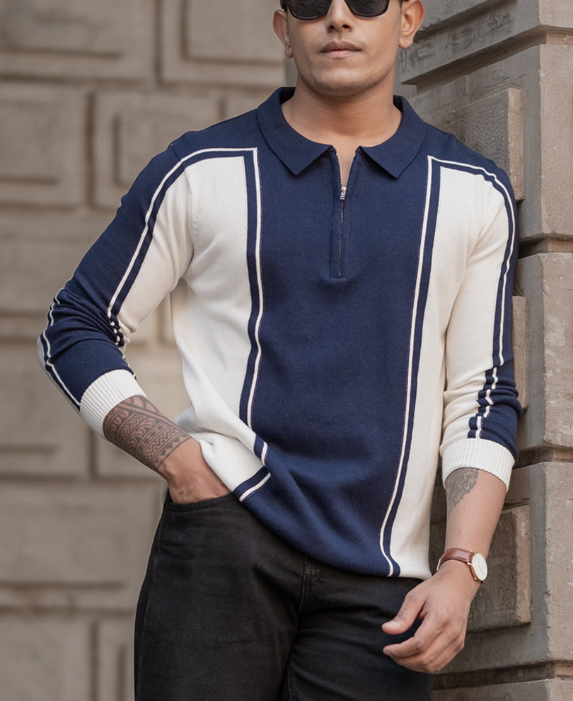 Navy-White Colour Blocked Polo T-Shirt