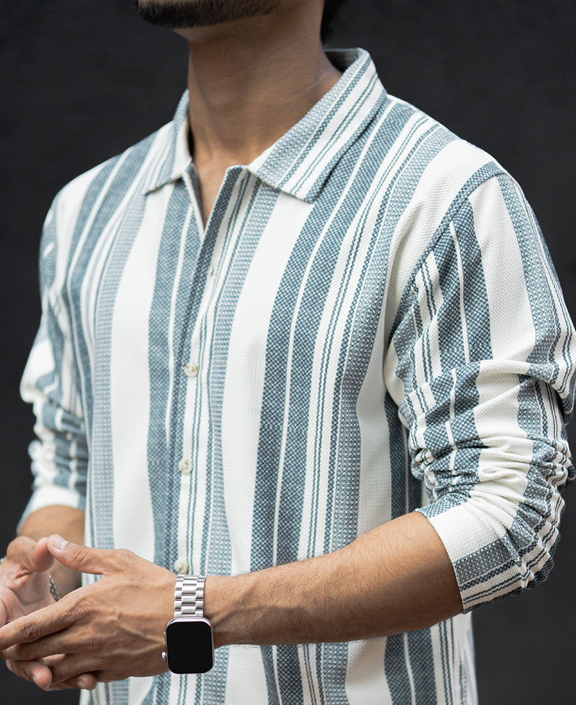 Off White And Blue Striped Regular Fit Full Sleeves Shirt