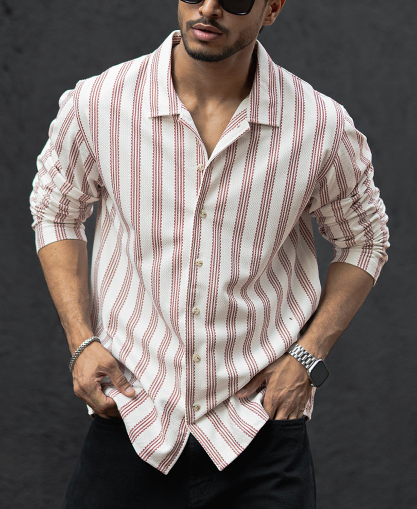 Off-White And Maroon Striped Regular Fit Full Sleeves Shirt