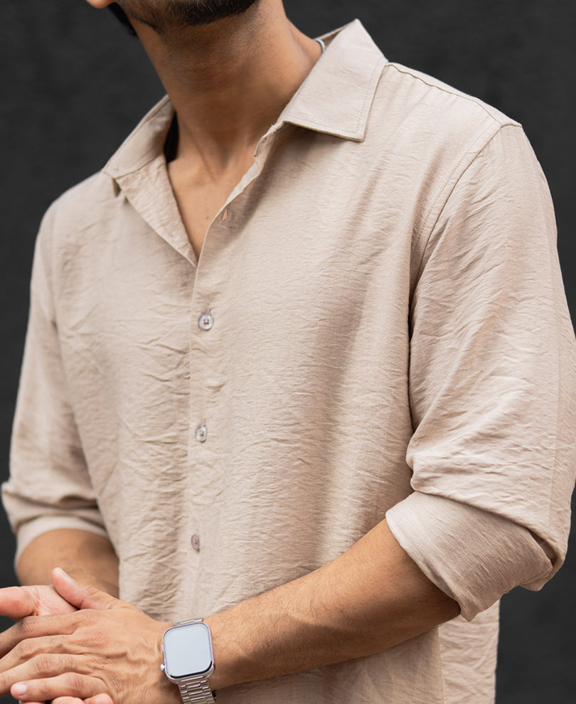 Beige Plain Regular Fit Full Sleeves Shirt