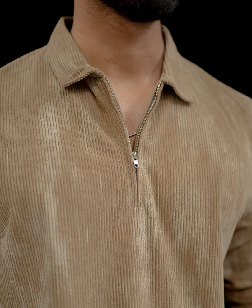 Beige Regular Fit With Zip Full Sleeves T-Shirt