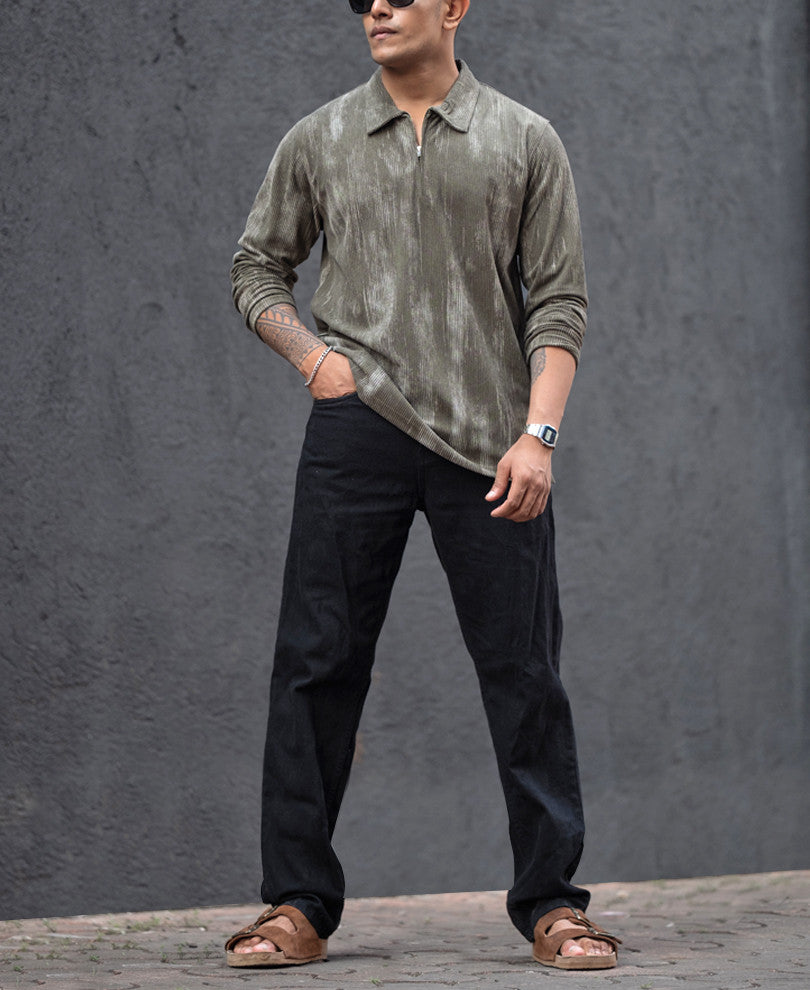 Olive Structured Full Sleeves Regular Fit T-Shirt