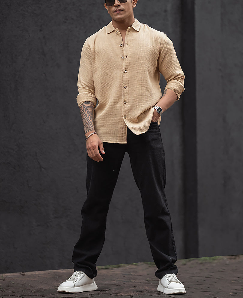 Beige Regular Fit Structured Full Sleeves Shirt